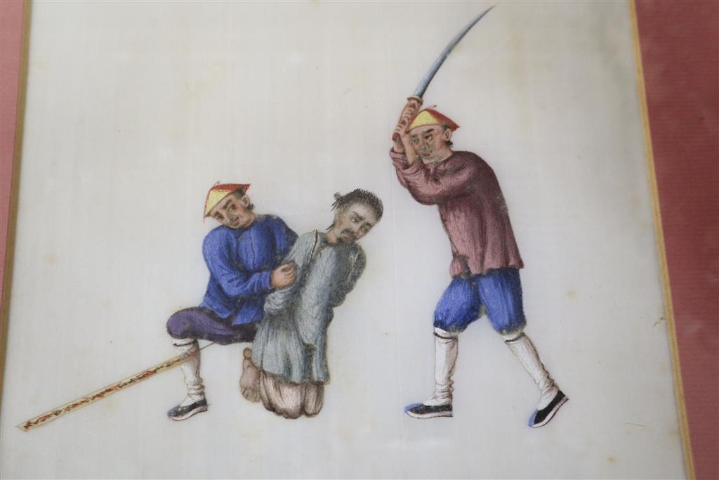 19th century Chinese School, three gouache on watercolour, Torture and execution scenes, 16 x 19cm
